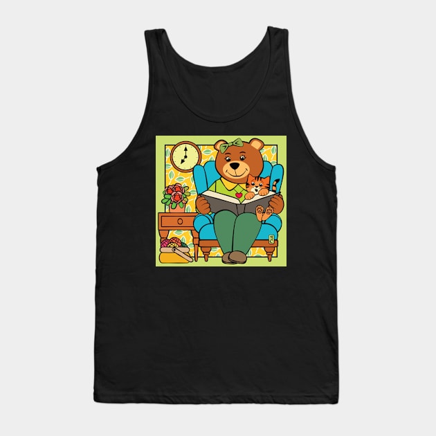 Maw Bear Reading to Cat Tank Top by Sue Cervenka